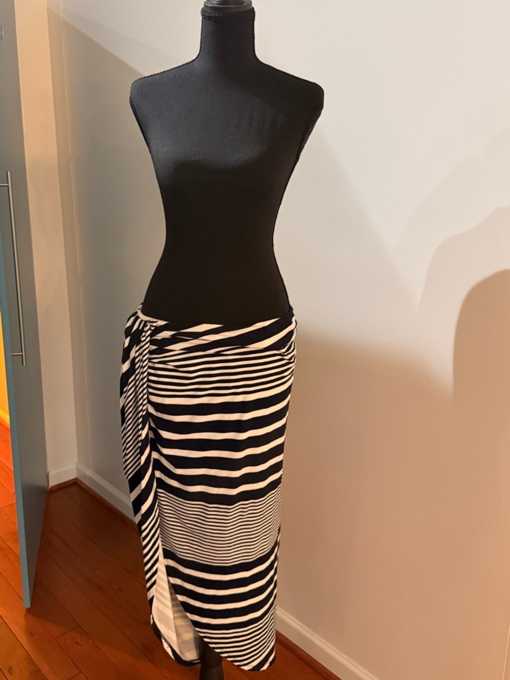 Alya Navy and White High-Low Striped Wrap Skirt